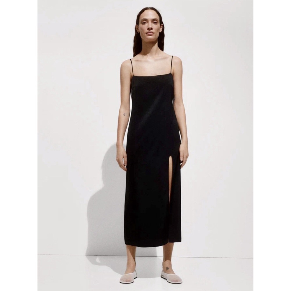 Mango Satin Slip Dress Black Side Slit Strappy Midi Minimalist Size 10